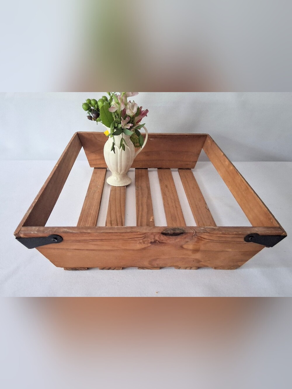 Vintage Wooden Basket/Tray - Wood Slats & Black Iron Corner Brackets
